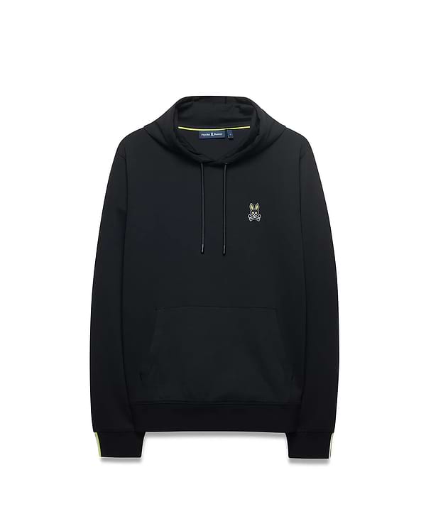Mens Lex Hoodie, black classic fit jersey knit with a small embroidered neon yellow and white Psycho Bunny skull logo on the left chest, drawstring hood, kangaroo pocket, and neon yellow stripe accents on the cuffs and collar lining. (5)