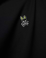 Mens Lex Hoodie, black smooth knit, featuring a small embroidered Psycho Bunny skull logo on the chest with vibrant neon green ears, black skull, and white outline details. (6)