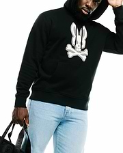 Men's Samson Cotton Hoodie, a black classic fit French terry hoodie featuring a large white embroidered Psycho Bunny skull and crossbones logo on the chest, drawstring hood, and kangaroo pocket. (3)