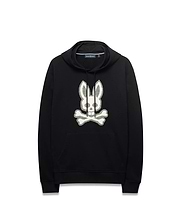 Men's Samson Cotton Hoodie, black relaxed fit French terry with a large textured white Psycho Bunny skull and crossbones embroidered on the chest, featuring a drawstring hood and kangaroo pocket. (5)