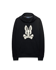 Men's Samson Cotton Hoodie, black relaxed fit French terry with a large textured white Psycho Bunny skull and crossbones embroidered on the chest, featuring a drawstring hood and kangaroo pocket. (5)