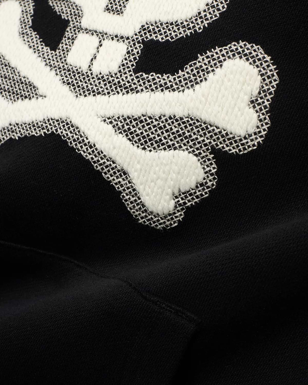 Men's Samson Cotton Hoodie, a classic fit black hoodie crafted from premium cotton French terry, featuring a prominent white bunny skull logo with a textured, embroidered fill and a fine mesh outline. (6)