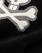 Men's Samson Cotton Hoodie, a classic fit black hoodie crafted from premium cotton French terry, featuring a prominent white bunny skull logo with a textured, embroidered fill and a fine mesh outline. (6)