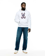 Men's Samson Cotton Hoodie, a classic fit white cotton hoodie with a large, centered navy blue and pink Psycho Bunny skull and crossbones logo, kangaroo pocket, and drawstring hood. (4)