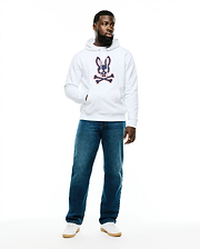 Men's Samson Cotton Hoodie, a classic fit white cotton hoodie with a large, centered navy blue and pink Psycho Bunny skull and crossbones logo, kangaroo pocket, and drawstring hood. (4)