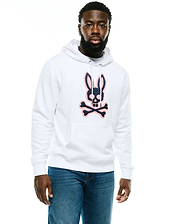 Men's Samson Cotton Hoodie, a classic fit white French terry hoodie with a large, central embroidered navy blue and pink Psycho Bunny skull and crossbones logo, drawstring hood, and kangaroo pocket. (1)