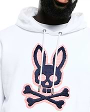 Men's Samson Cotton Hoodie, a white relaxed fit cotton French terry hoodie featuring a large, central navy and coral pink cross-stitch embroidered Psycho Bunny skull and crossbones logo. (2)