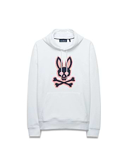 Men's Samson Cotton Hoodie, a white relaxed fit French terry hoodie featuring a large, centered embroidered navy and coral pink Psycho Bunny skull logo, drawstring hood, and kangaroo pocket. (5)