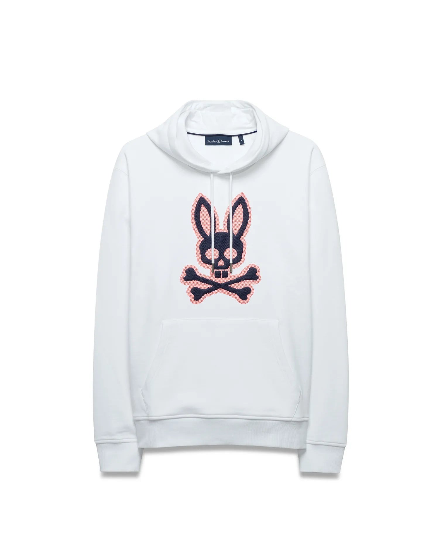 Men's Samson Cotton Hoodie, a white relaxed fit French terry hoodie featuring a large, centered embroidered navy and coral pink Psycho Bunny skull logo, drawstring hood, and kangaroo pocket. (5)