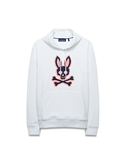 Men's Samson Cotton Hoodie, a white relaxed fit French terry hoodie featuring a large, centered embroidered navy and coral pink Psycho Bunny skull logo, drawstring hood, and kangaroo pocket. (5)