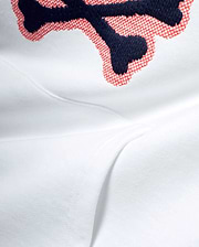 White Men's Samson Cotton Hoodie featuring a large, detailed embroidered Psycho Bunny skull logo with navy blue outline and red crosshatch fill on soft cotton jersey fabric. (6)