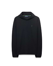 Mens Tomas Waffle Hoodie, black waffle knit, classic fit, with a small tonal embroidered Psycho Bunny skull logo on the left chest and a green accented neck label. (5)