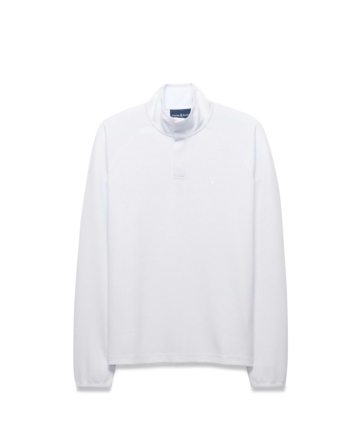 Mens Tomas Waffle 1/4 Zip, a crisp white classic fit waffle knit mock neck pullover featuring a small embroidered Psycho Bunny skull logo on the left chest. (5)
