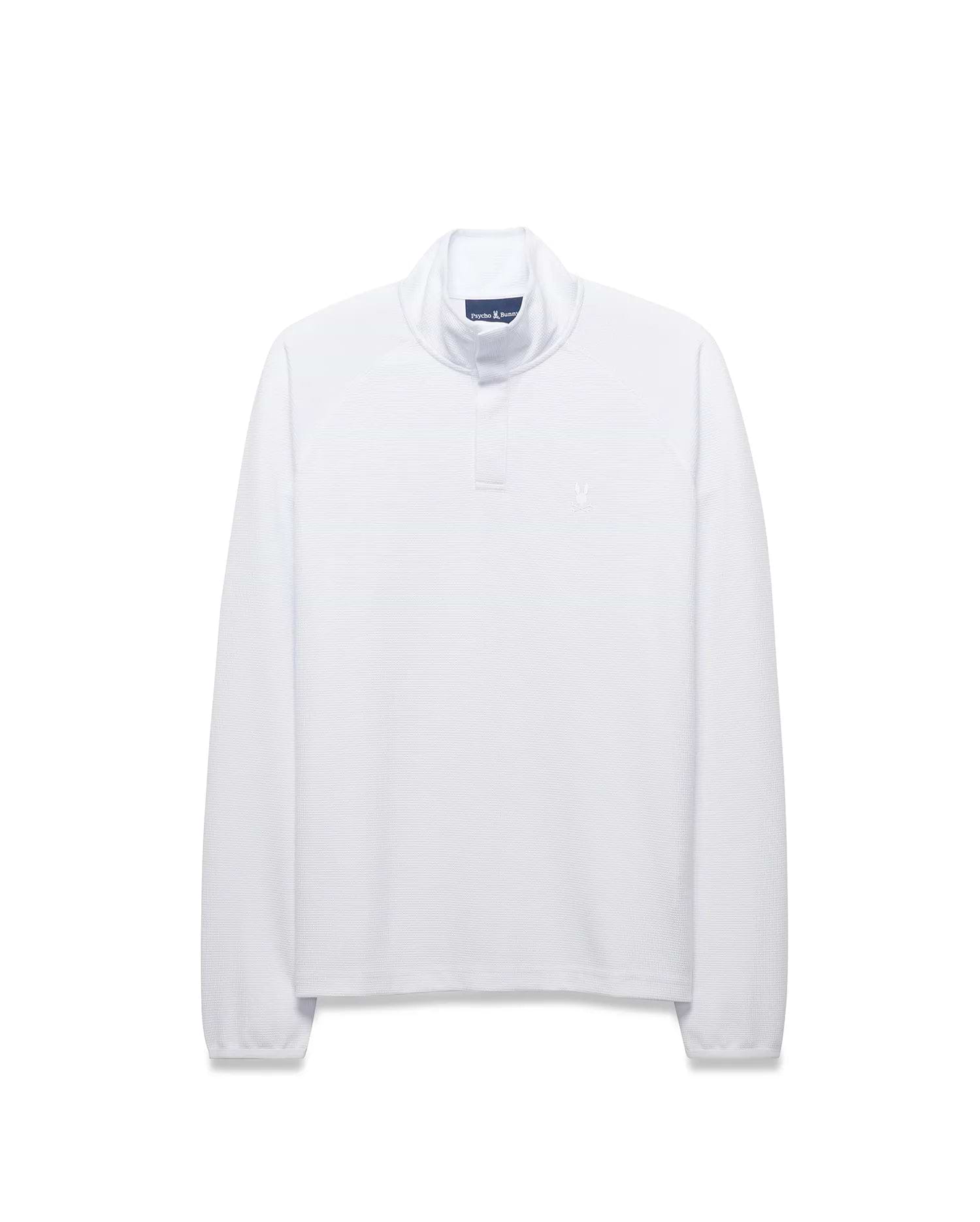 Mens Tomas Waffle 1/4 Zip, a crisp white classic fit waffle knit mock neck pullover featuring a small embroidered Psycho Bunny skull logo on the left chest. (5)
