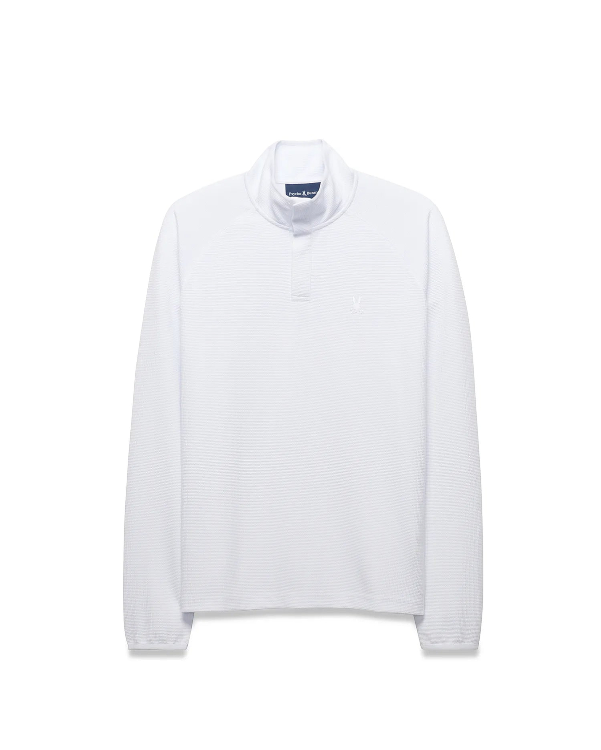 Mens Tomas Waffle 1/4 Zip, a crisp white classic fit waffle knit mock neck pullover featuring a small embroidered Psycho Bunny skull logo on the left chest. (5)