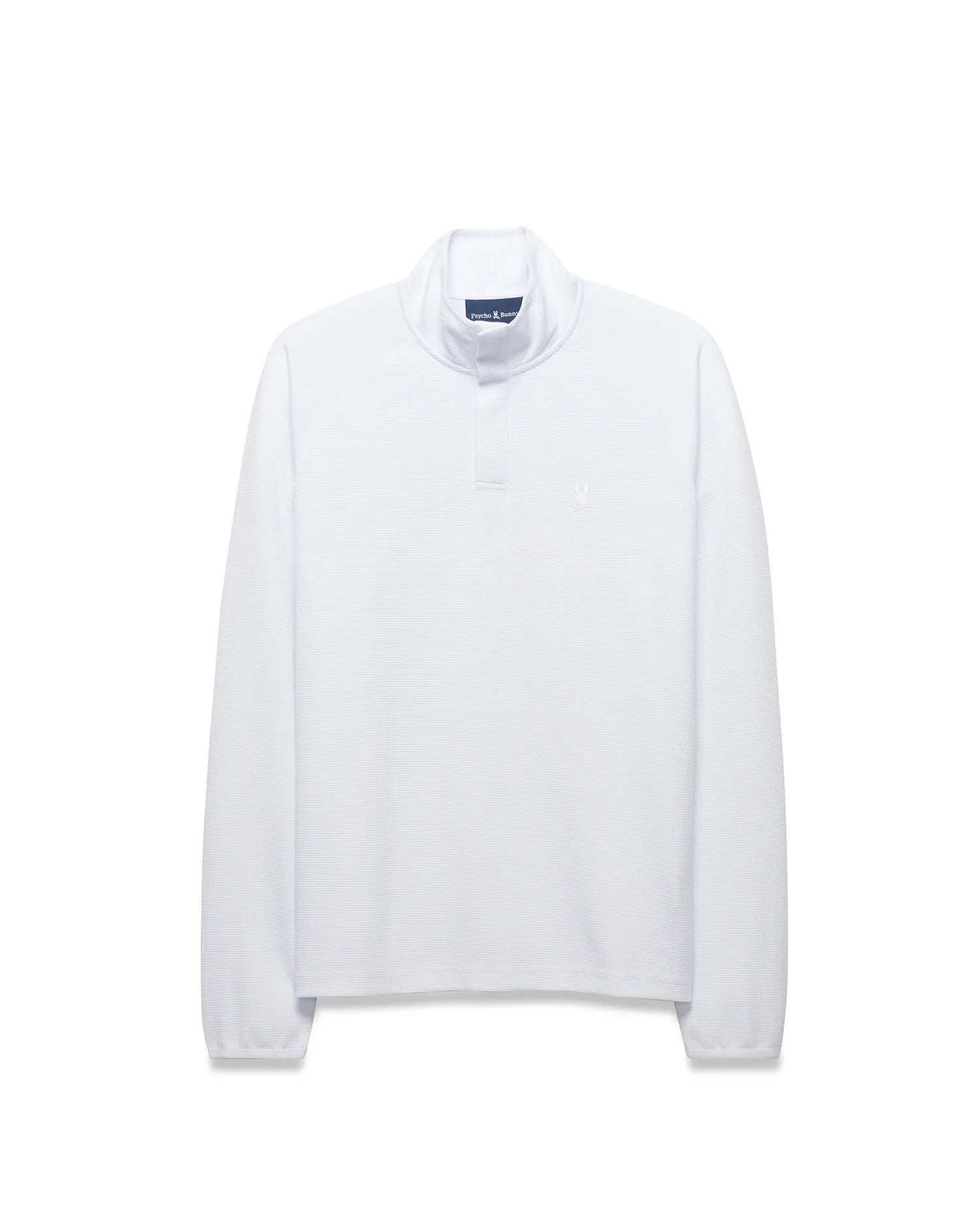 Mens Tomas Waffle 1/4 Zip, a crisp white classic fit waffle knit mock neck pullover featuring a small embroidered Psycho Bunny skull logo on the left chest. (5)
