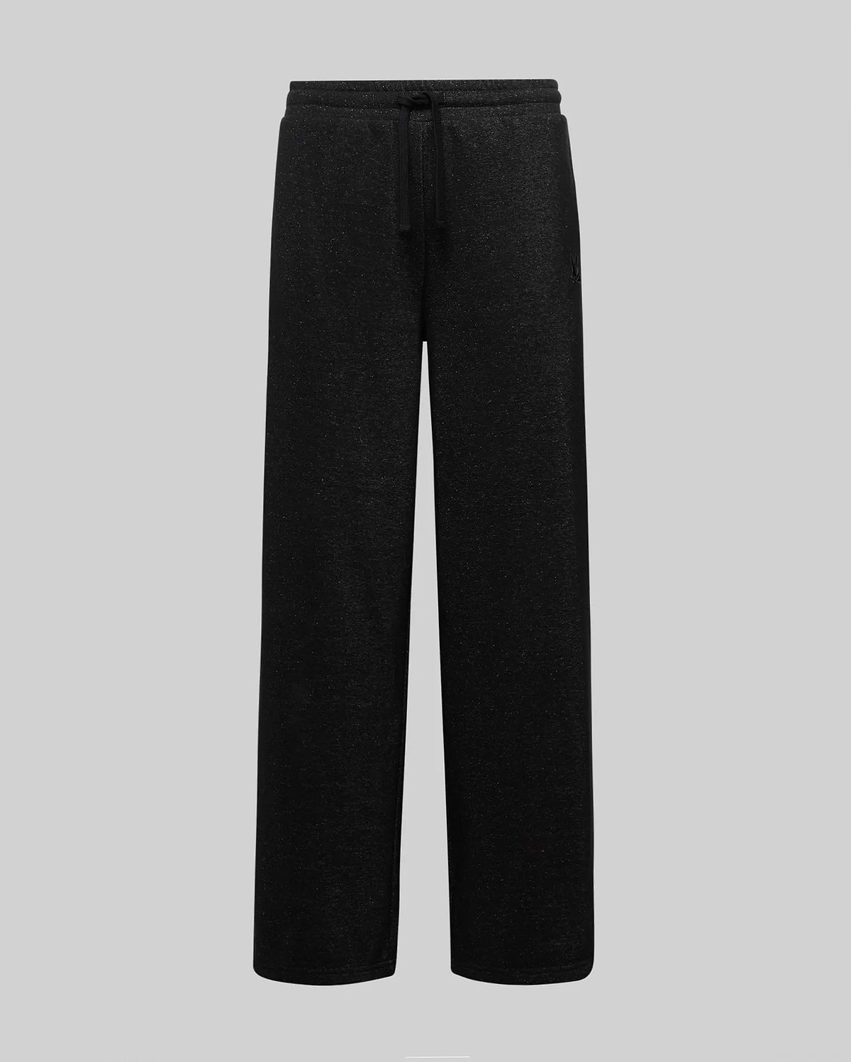 Womens Jules Lurex Sweatpant in black with subtle silver sparkle, featuring a relaxed wide-leg fit, drawstring waist, and a small tonal embroidered Psycho Bunny skull logo on the left thigh.