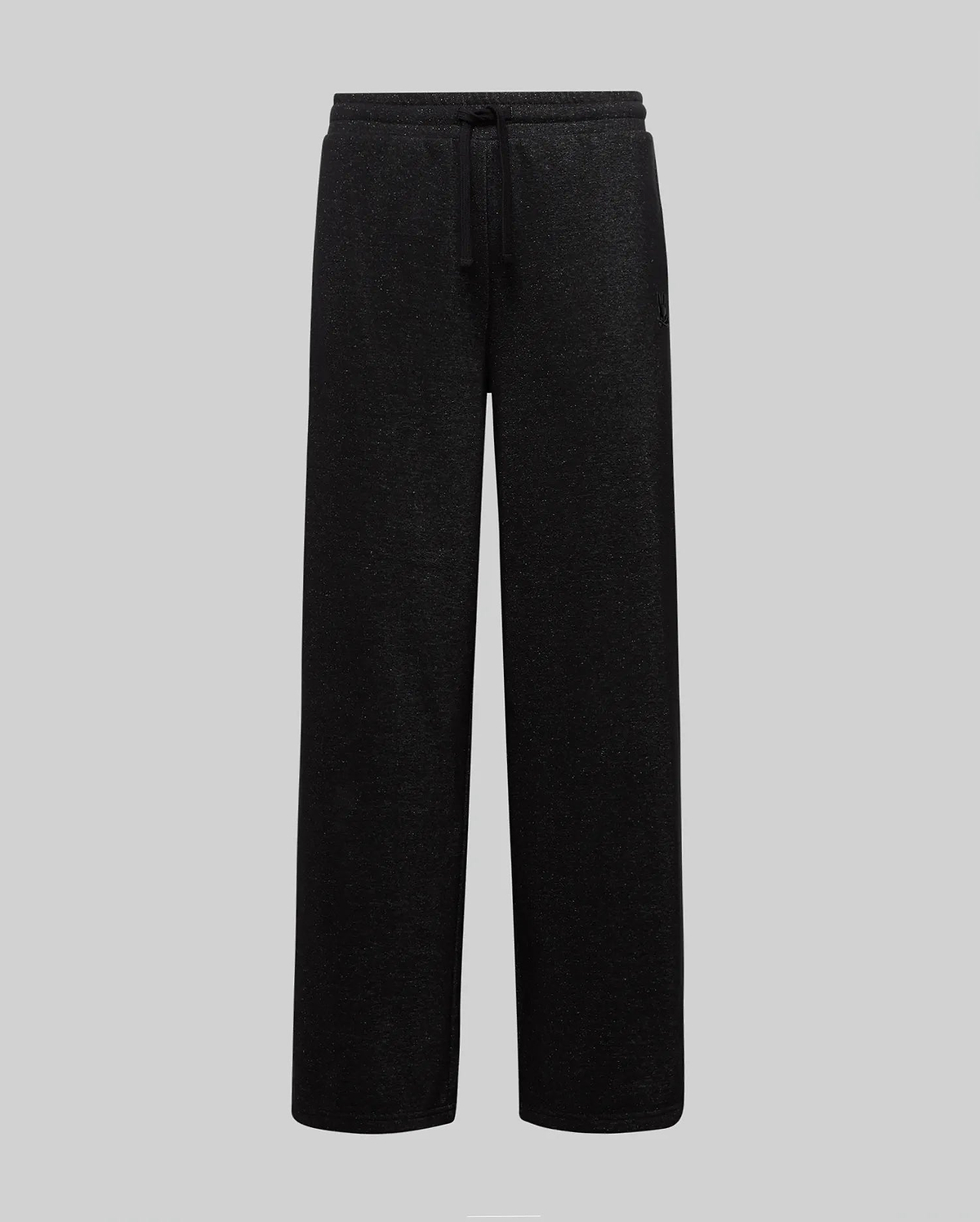 Womens Jules Lurex Sweatpant in black with subtle silver sparkle, featuring a relaxed wide-leg fit, drawstring waist, and a small tonal embroidered Psycho Bunny skull logo on the left thigh.