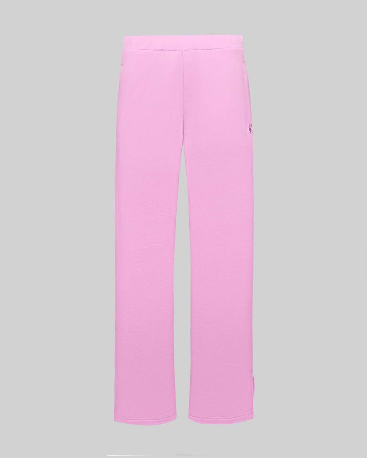 Womens Daisie Fleece Joggers in pink, featuring a relaxed straight-leg fit, soft fleece texture, and a small embroidered dark pink Psycho Bunny skull logo on the upper left thigh, with subtle side slits at the hem.