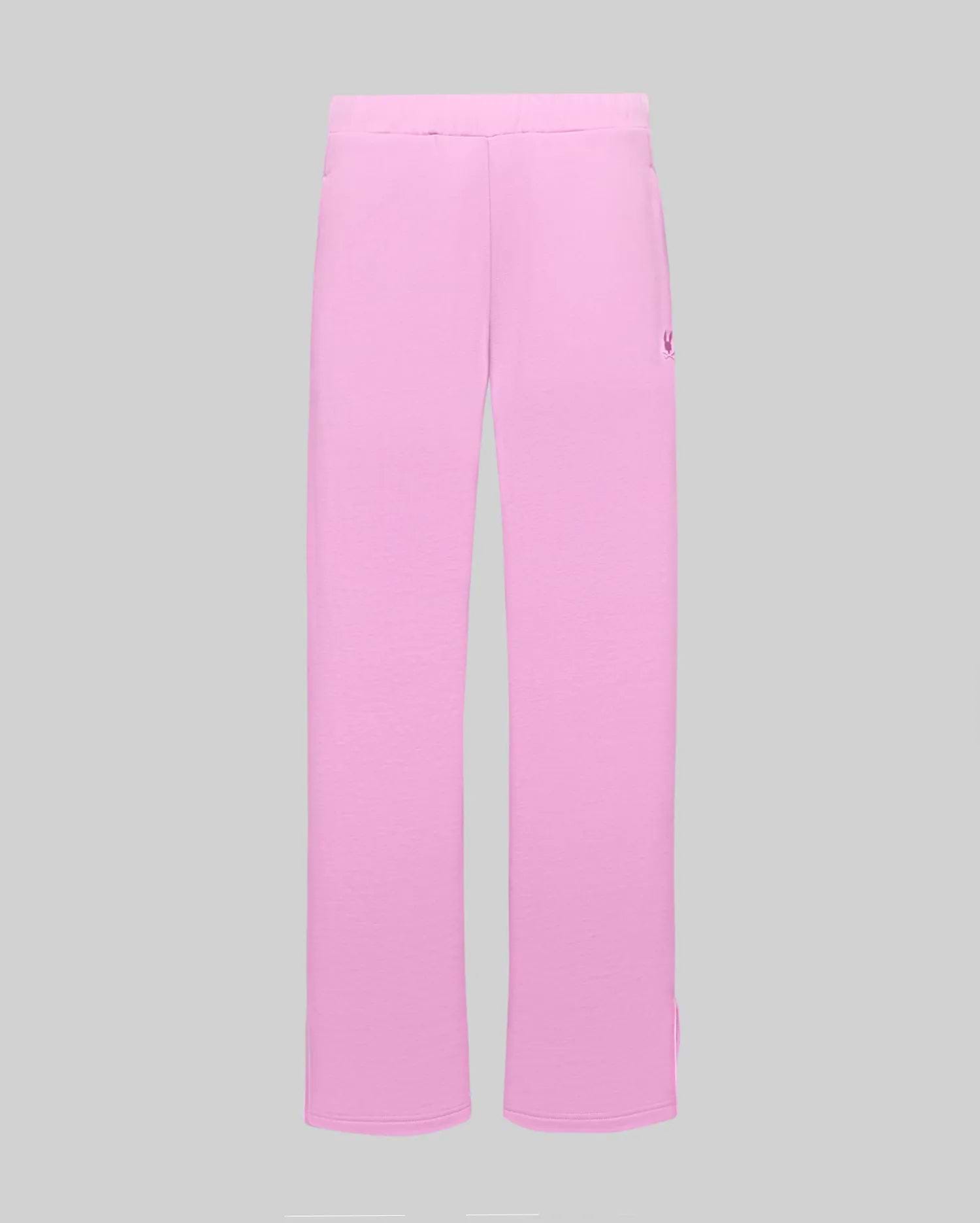 Womens Daisie Fleece Joggers in pink, featuring a relaxed straight-leg fit, soft fleece texture, and a small embroidered dark pink Psycho Bunny skull logo on the upper left thigh, with subtle side slits at the hem.