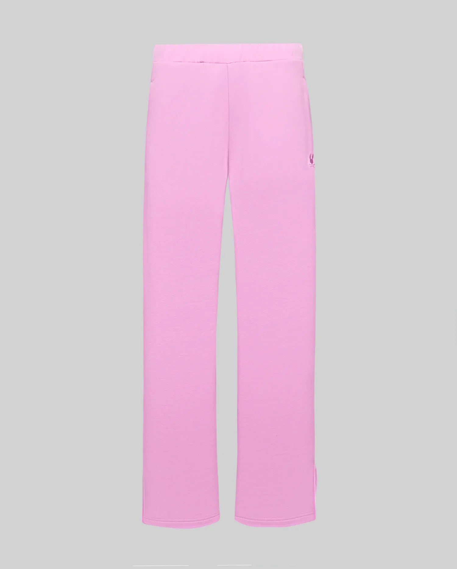 Womens Daisie Fleece Joggers in pink, featuring a relaxed straight-leg fit, soft fleece texture, and a small embroidered dark pink Psycho Bunny skull logo on the upper left thigh, with subtle side slits at the hem.
