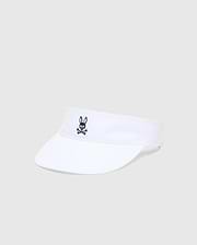 White Women's Sport Visor featuring a prominent, embroidered dark blue Psycho Bunny skull logo centered on the front, crafted from a smooth, durable fabric. (2)