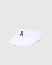 White Women's Sport Visor featuring a prominent, embroidered dark blue Psycho Bunny skull logo centered on the front, crafted from a smooth, durable fabric. (2)