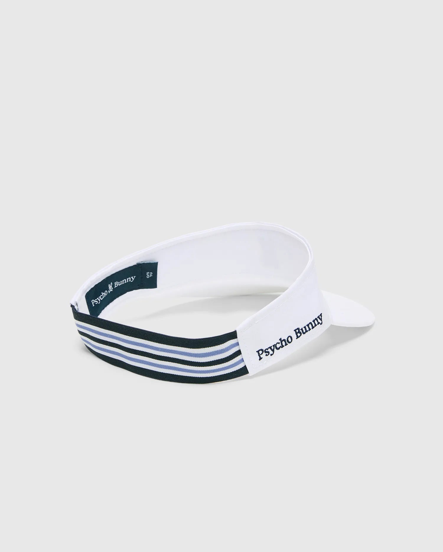 Women's Sport Visor in white, featuring a black and light blue striped elastic strap, an embroidered Psycho Bunny text logo on the side, and a small skull logo on the inner tag. (4)