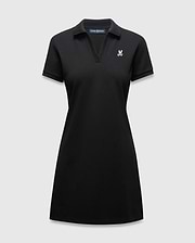 Women's Clara Pique Dress, black classic fit pique dress with a polo collar, V-neck, short sleeves, and a small white and pink embroidered Psycho Bunny skull logo on the left chest.