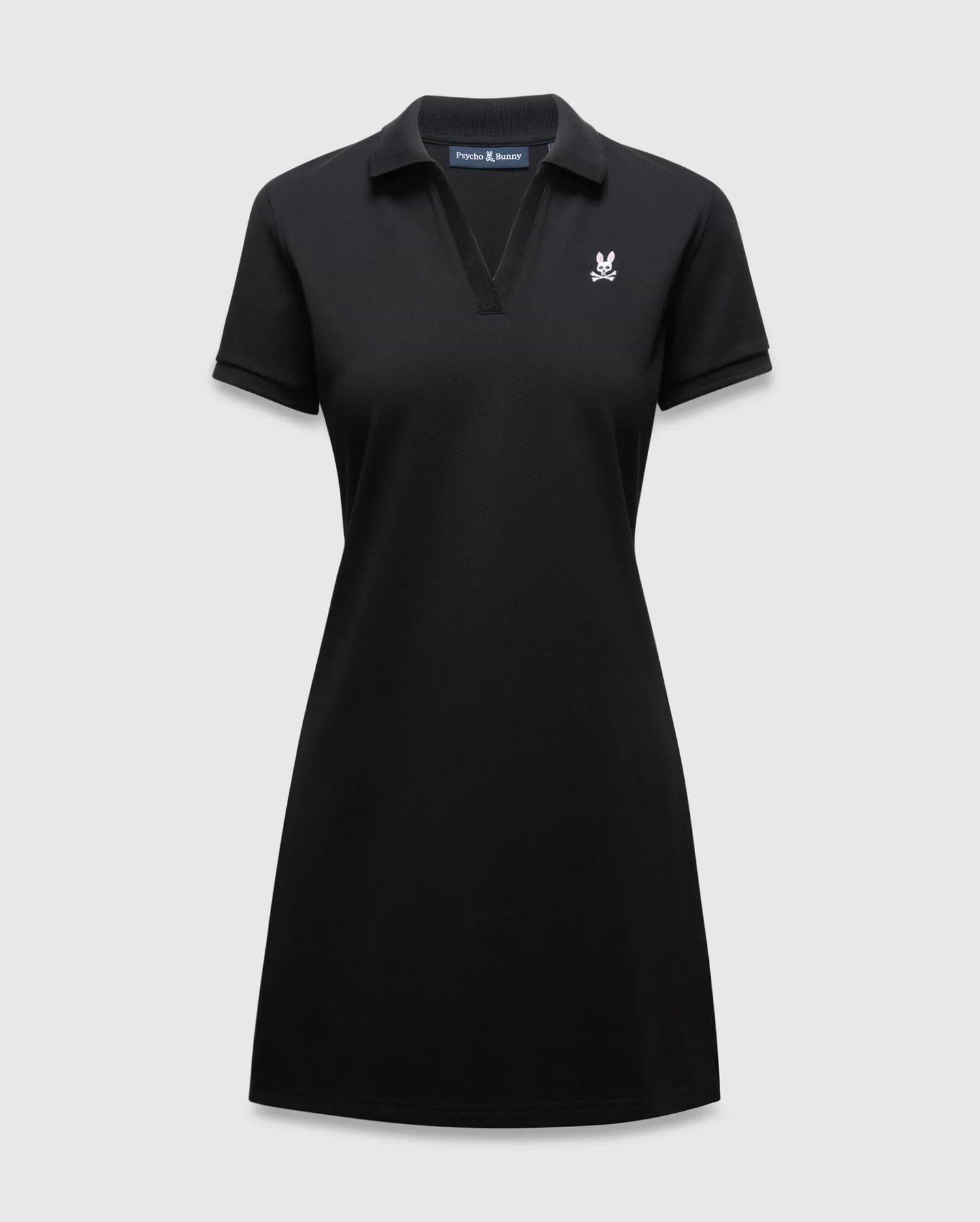 Women's Clara Pique Dress, black classic fit pique dress with a polo collar, V-neck, short sleeves, and a small white and pink embroidered Psycho Bunny skull logo on the left chest.