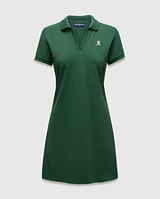 Women's Clara Pique Dress in dark green, featuring a classic fit, pique knit fabric, polo collar, V-neck, and a small embroidered pink Psycho Bunny skull logo on the left chest. (5)