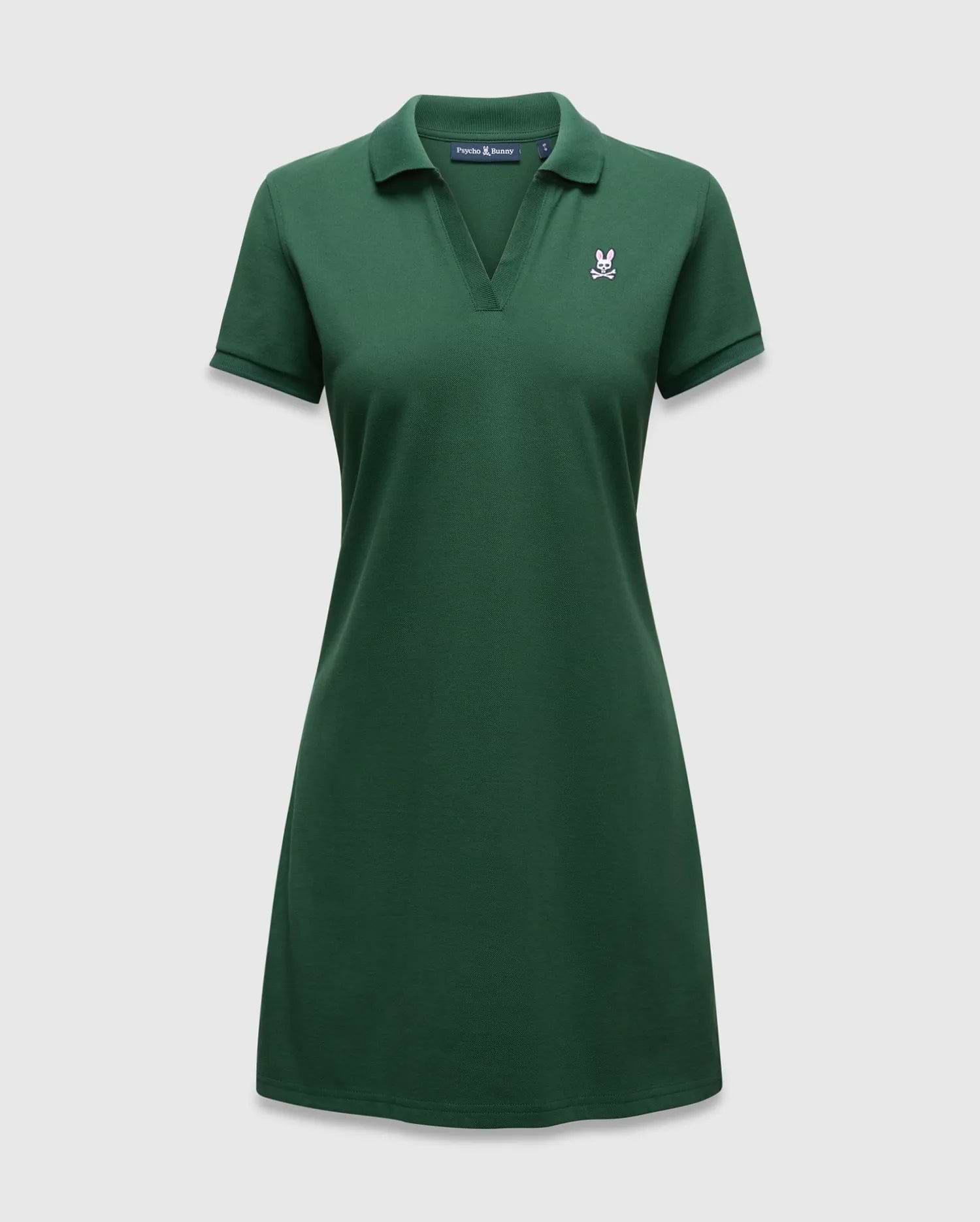Women's Clara Pique Dress in dark green, featuring a classic fit, pique knit fabric, polo collar, V-neck, and a small embroidered pink Psycho Bunny skull logo on the left chest. (5)