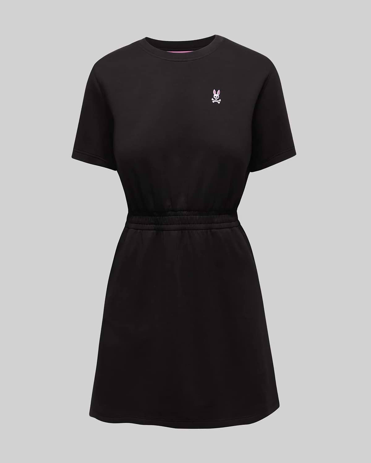 Womens Penelope Dress, black jersey knit with a relaxed fit, features a small pink embroidered Psycho Bunny skull logo on the left chest and an elasticated waist.