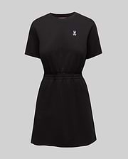 Womens Penelope Dress, black jersey knit with a relaxed fit, features a small pink embroidered Psycho Bunny skull logo on the left chest and an elasticated waist.