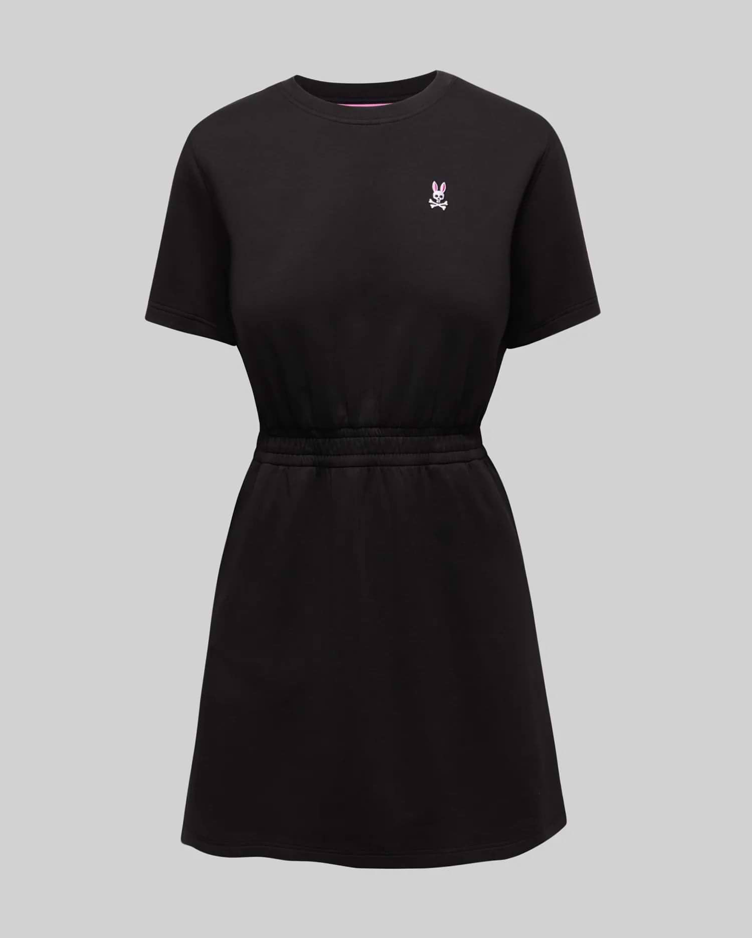 Womens Penelope Dress, black jersey knit with a relaxed fit, features a small pink embroidered Psycho Bunny skull logo on the left chest and an elasticated waist.
