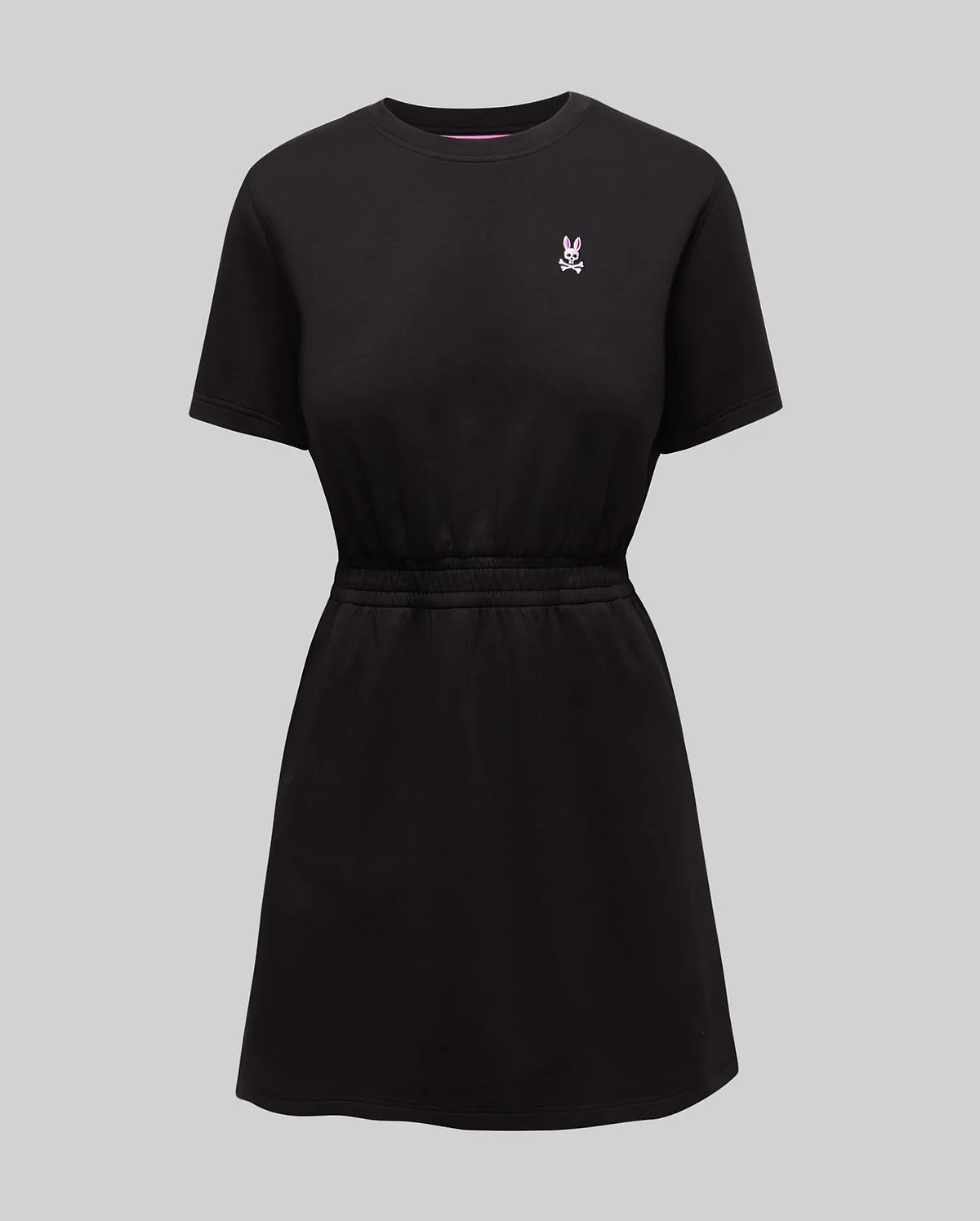 Womens Penelope Dress, black jersey knit with a relaxed fit, features a small pink embroidered Psycho Bunny skull logo on the left chest and an elasticated waist.