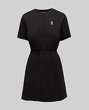 Womens Penelope Dress, black jersey knit with a relaxed fit, features a small pink embroidered Psycho Bunny skull logo on the left chest and an elasticated waist.