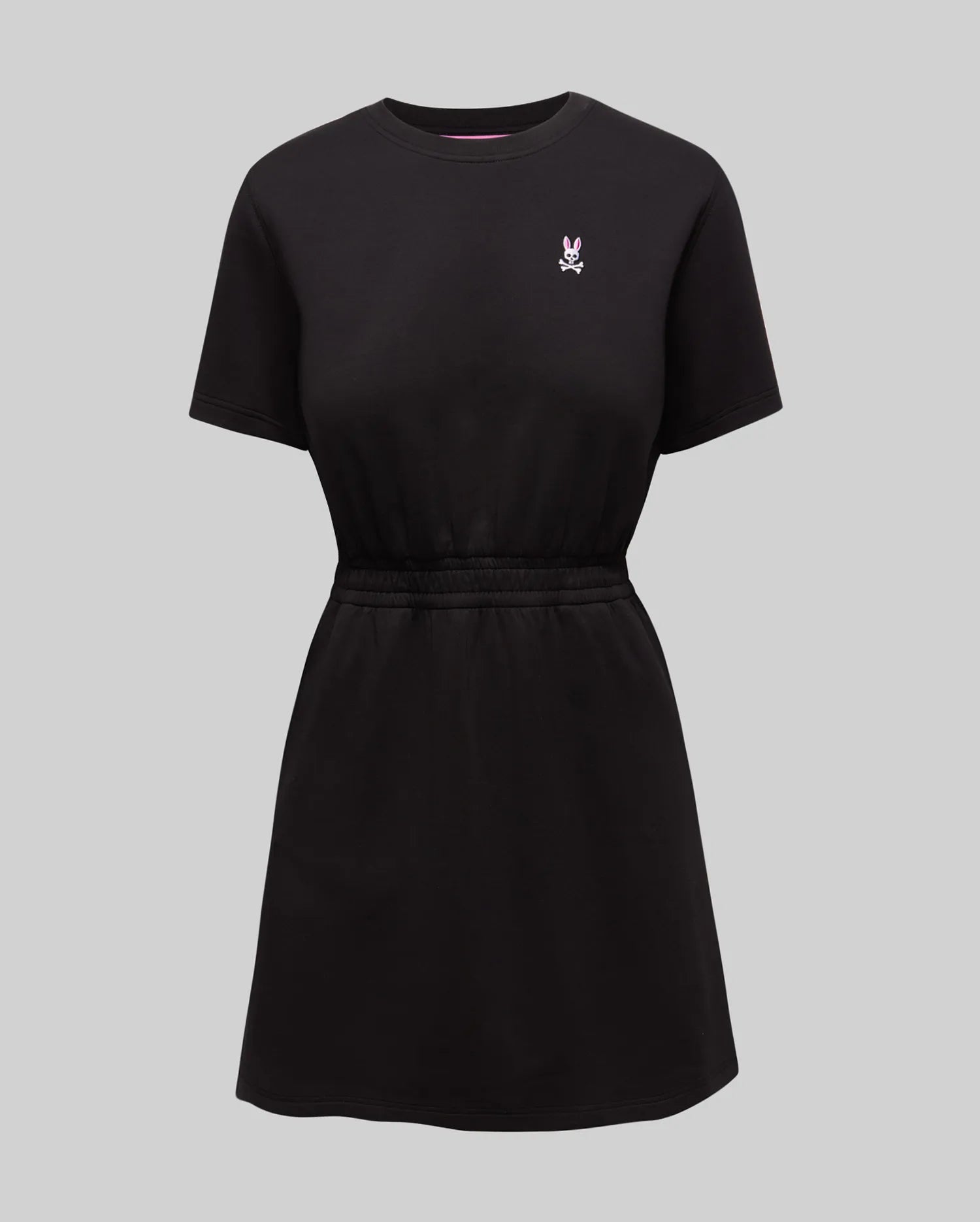 Womens Penelope Dress, black jersey knit with a relaxed fit, features a small pink embroidered Psycho Bunny skull logo on the left chest and an elasticated waist.