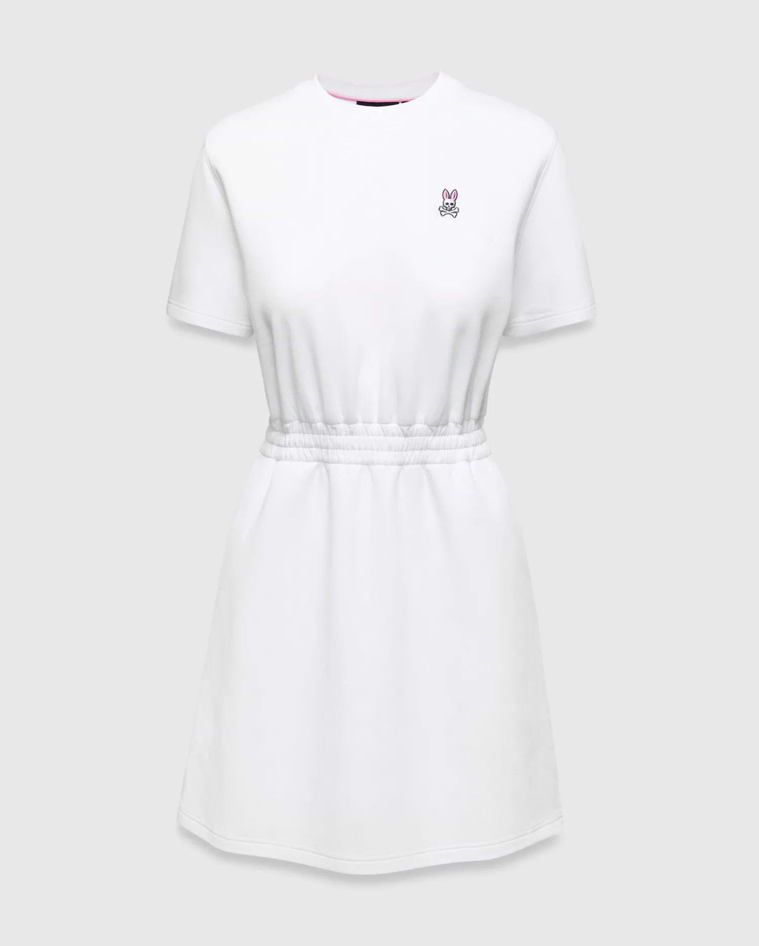 Womens Penelope Dress: White jersey dress with a relaxed fit, elasticated waist, and small pink embroidered Psycho Bunny skull logo on the left chest, accented with a pink neckline trim.