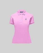 Womens Pique Polo, a slim fit pink pique knit shirt with a 3-button placket, ribbed collar/cuffs, and a small embroidered black/white Psycho Bunny skull logo on the left chest.