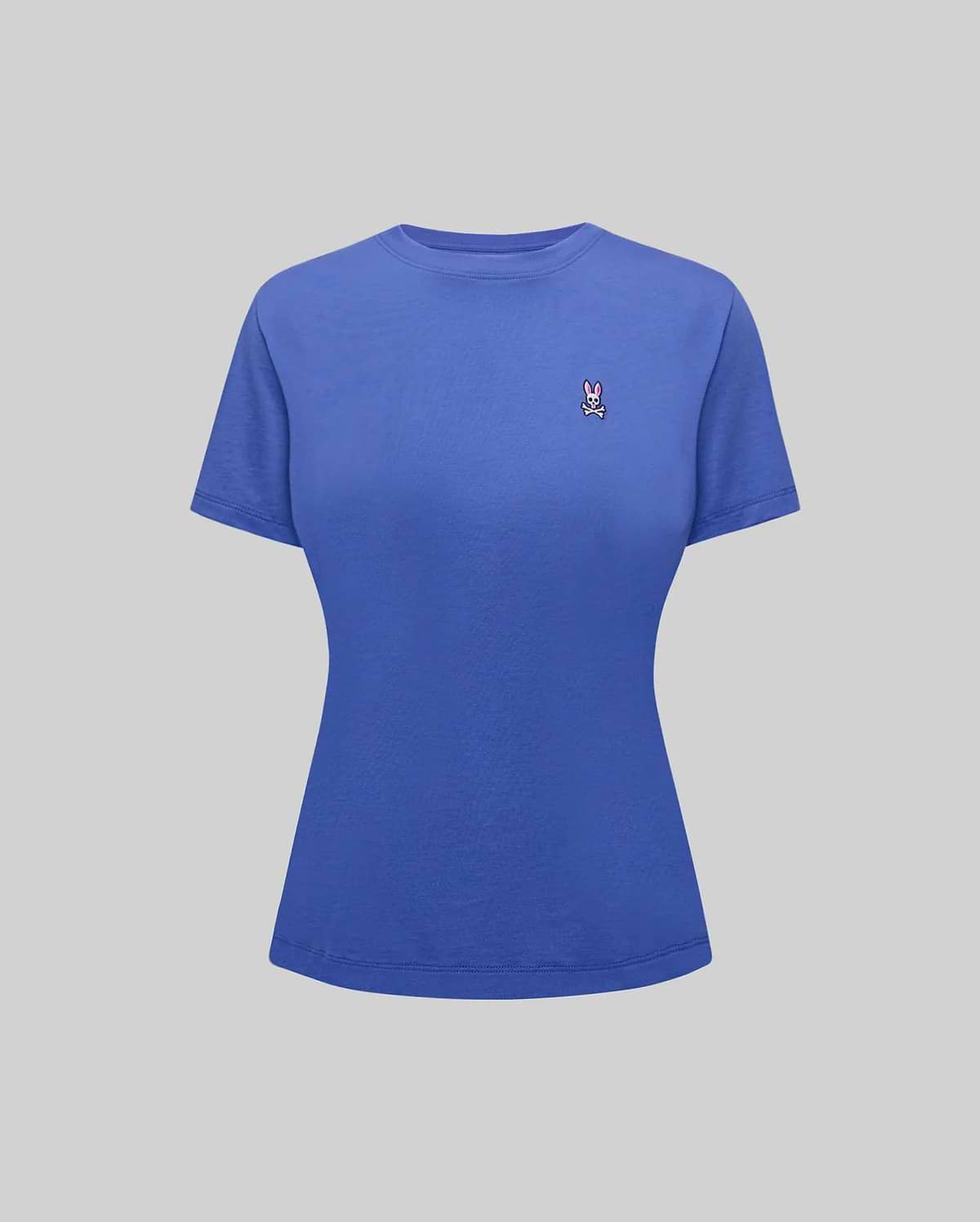 Women's Classic Tee in royal blue jersey knit, featuring a classic slim fit and a small embroidered pink and white Psycho Bunny skull logo on the left chest.