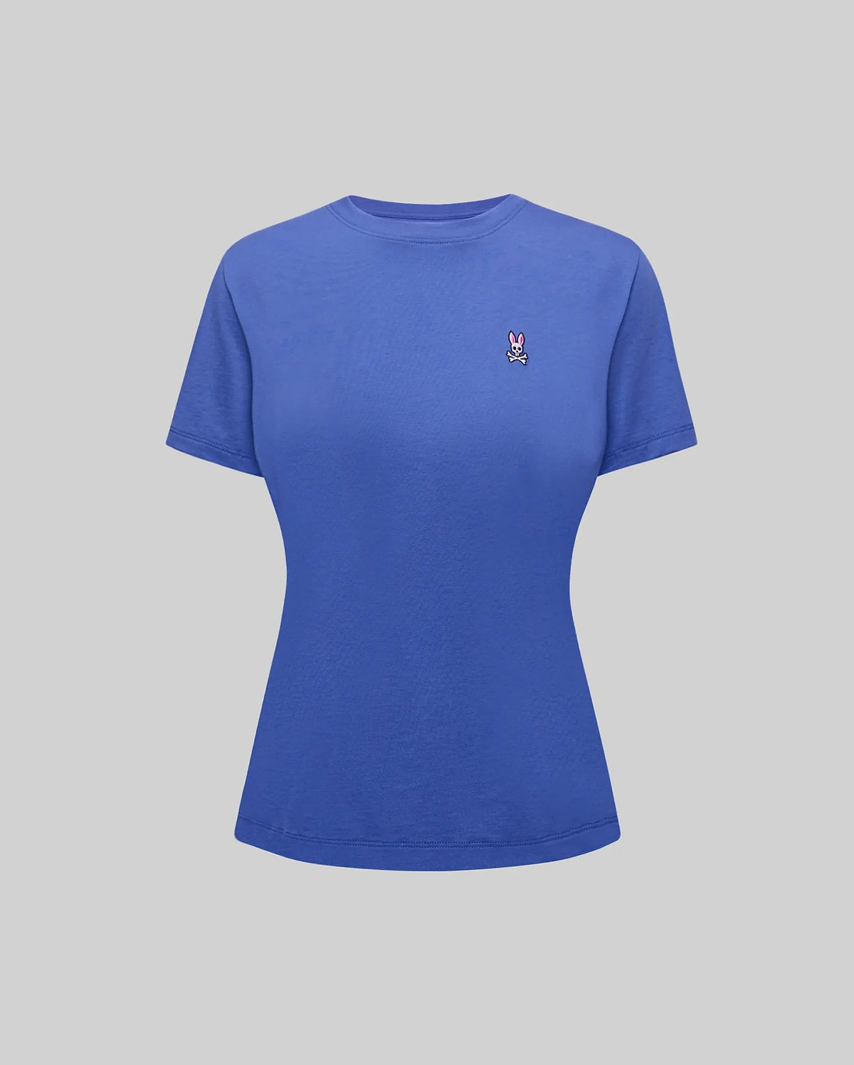 Women's Classic Tee in royal blue jersey knit, featuring a classic slim fit and a small embroidered pink and white Psycho Bunny skull logo on the left chest.