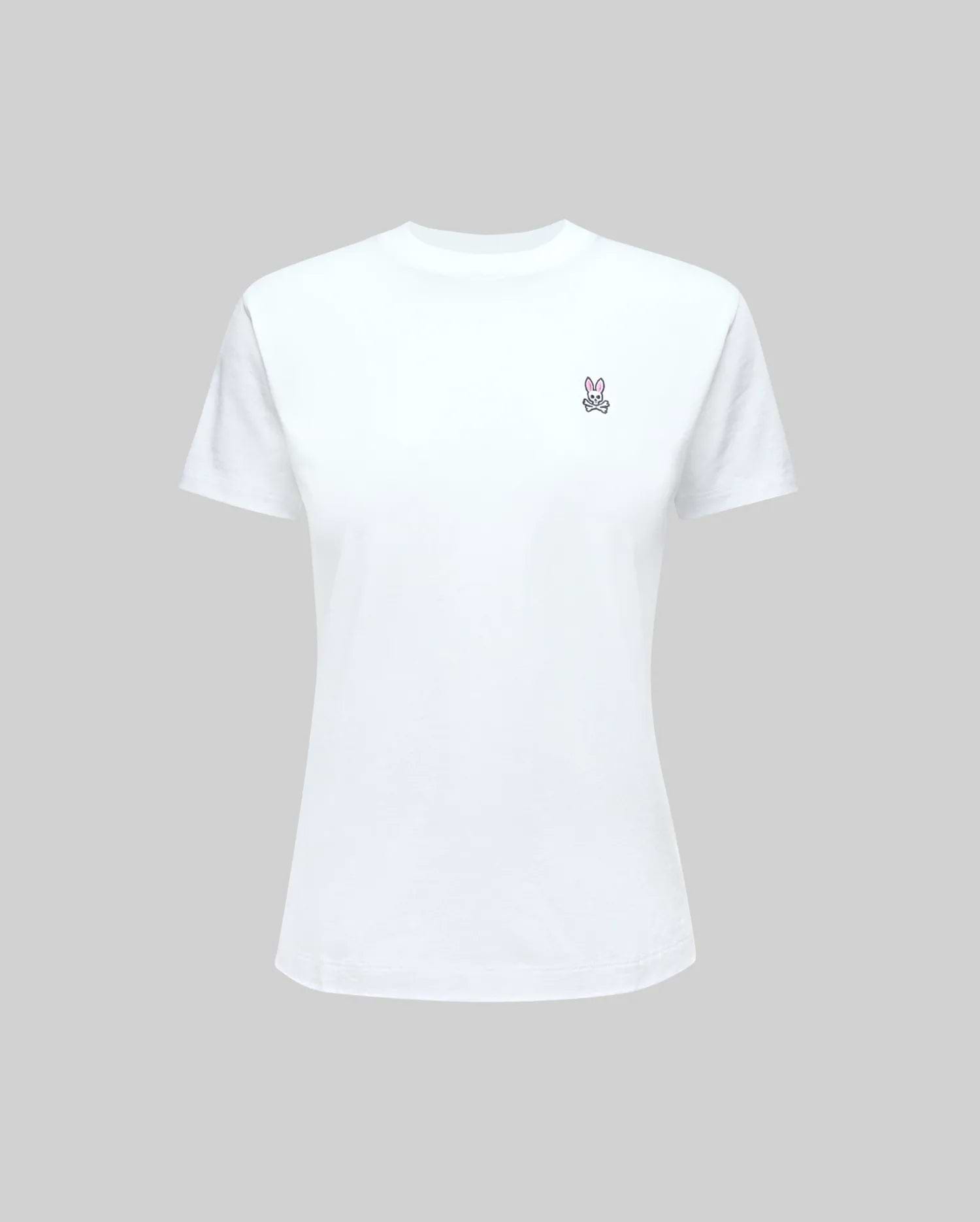 The Psycho Bunny WOMENS CLASSIC TEE - WT0200005 is made from 100% Pima cotton, featuring a rib knit crew neck and a small embroidered peace sign on the left chest. Shown on a light gray background.