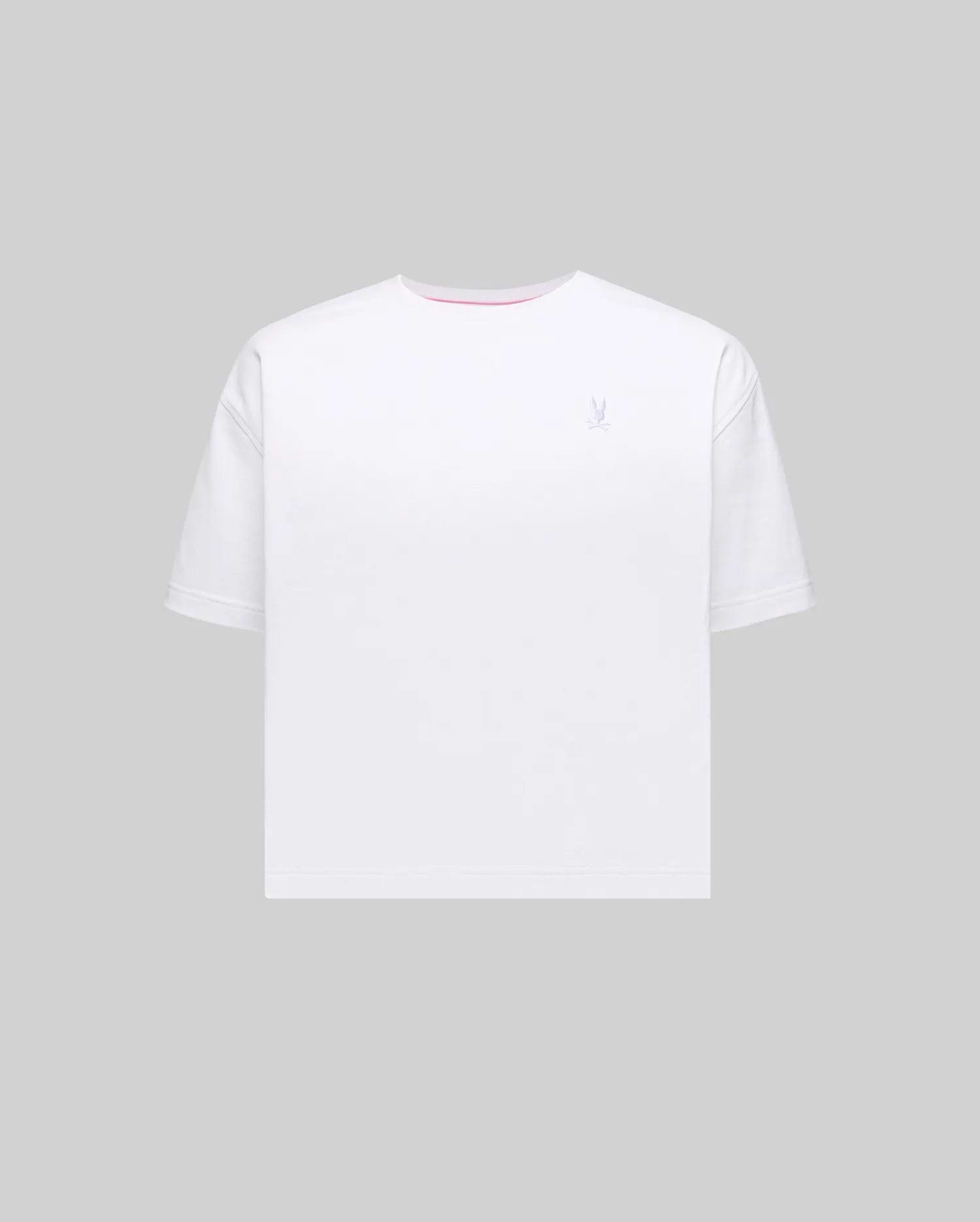 Women's Camille Oversized Fit Tee, premium white jersey with a small embroidered silver-blue Psycho Bunny skull logo on the left chest and a pink inner neckline.