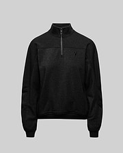 Womens Jules Lurex 1/4 Zip Pullover in black lurex knit, featuring a relaxed, cropped fit, mock neck, 1/4 zip with bunny skull pull, and a small tonal embroidered Psycho Bunny logo on the left chest.
