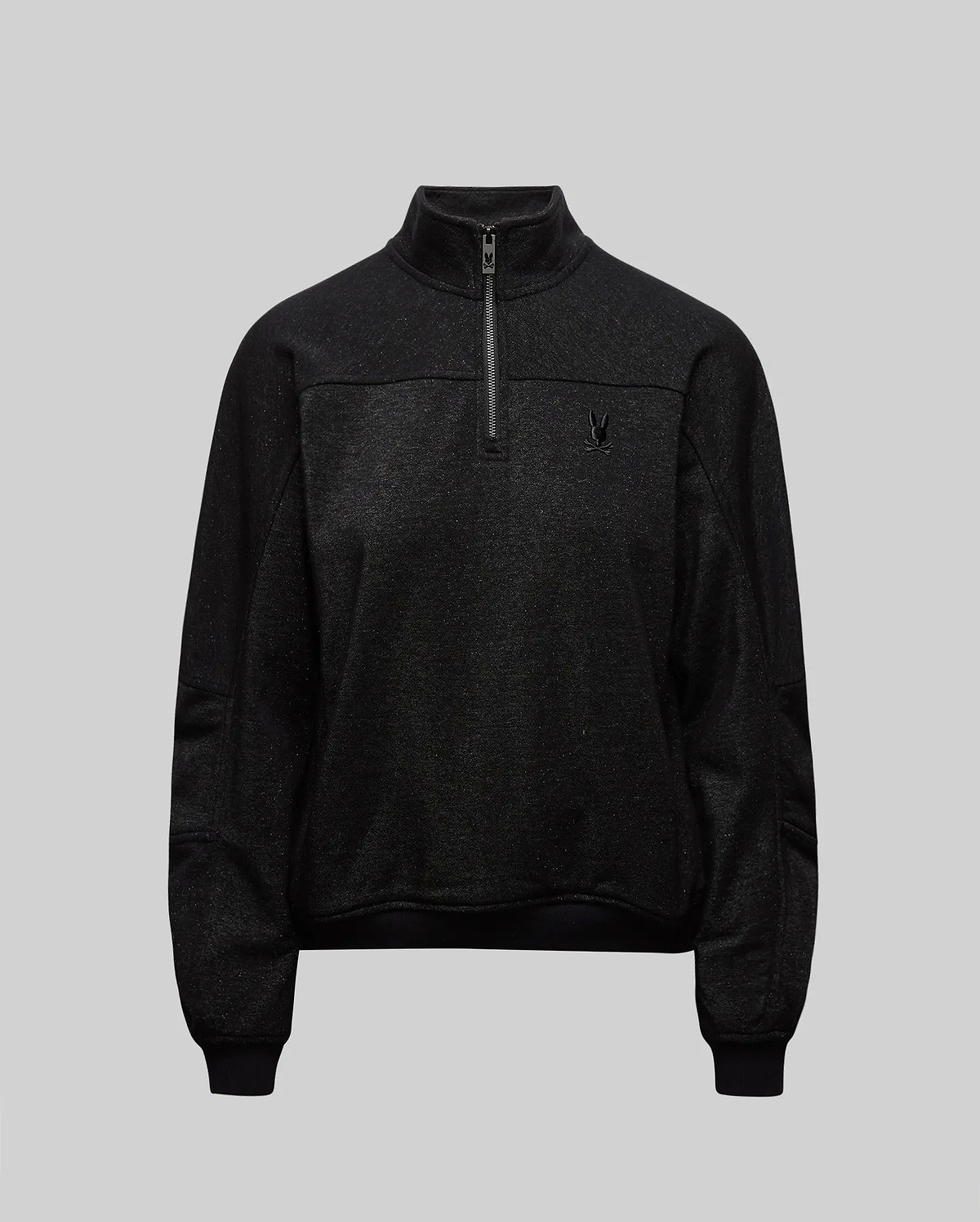 Womens Jules Lurex 1/4 Zip Pullover in black lurex knit, featuring a relaxed, cropped fit, mock neck, 1/4 zip with bunny skull pull, and a small tonal embroidered Psycho Bunny logo on the left chest.