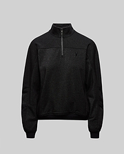 Womens Jules Lurex 1/4 Zip Pullover in black lurex knit, featuring a relaxed, cropped fit, mock neck, 1/4 zip with bunny skull pull, and a small tonal embroidered Psycho Bunny logo on the left chest.