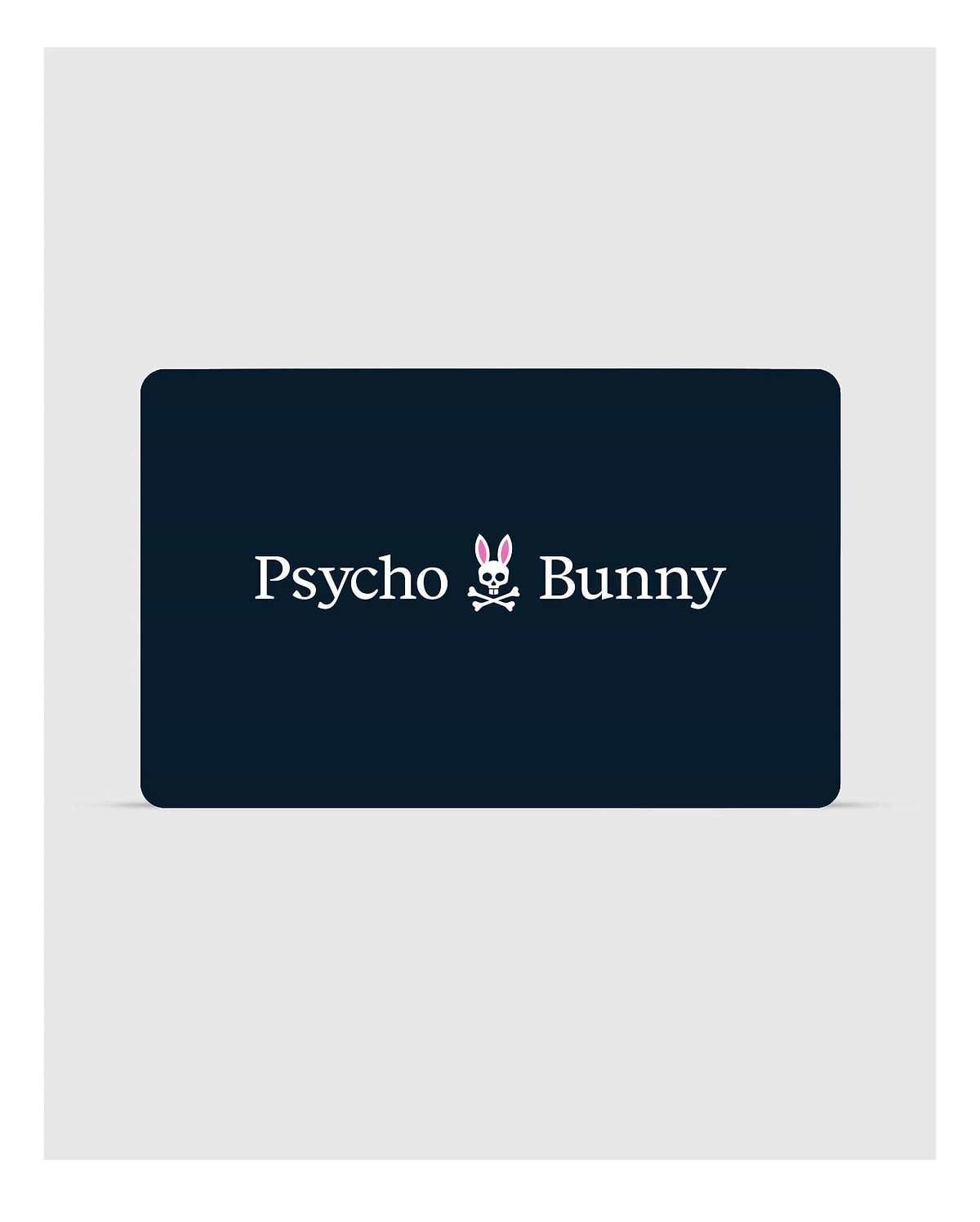 A stylish rectangular black card showcases the "Psycho Bunny" brand in sharp white lettering, accompanied by a logo featuring a bunny head with skull and crossbones beneath it. This Psycho Bunny Digital Gift Card is an ideal choice for fashionable gifts—redeem during checkout to enhance your shopping journey.