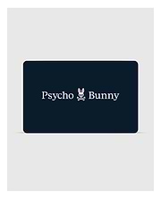 A stylish rectangular black card showcases the "Psycho Bunny" brand in sharp white lettering, accompanied by a logo featuring a bunny head with skull and crossbones beneath it. This Psycho Bunny Digital Gift Card is an ideal choice for fashionable gifts—redeem during checkout to enhance your shopping journey.