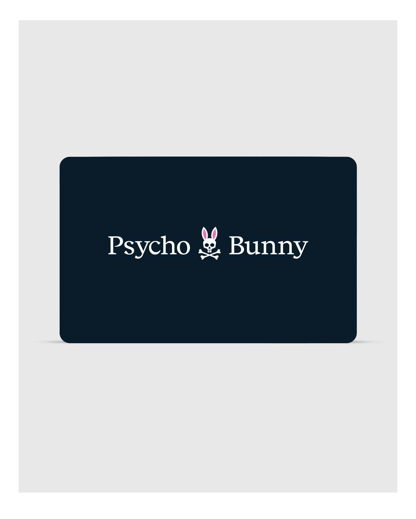 A stylish rectangular black card showcases the "Psycho Bunny" brand in sharp white lettering, accompanied by a logo featuring a bunny head with skull and crossbones beneath it. This Psycho Bunny Digital Gift Card is an ideal choice for fashionable gifts—redeem during checkout to enhance your shopping journey.